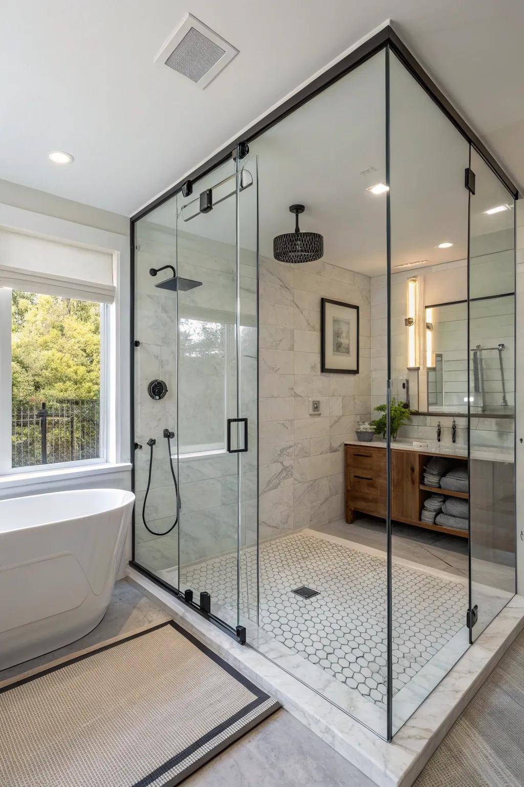 Open and airy walk-in shower layouts can visually expand any bathroom.