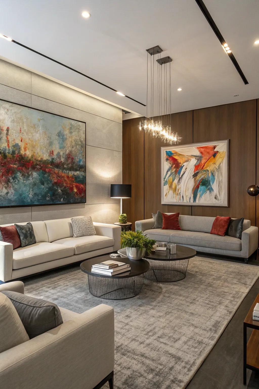 A chic living room highlighting a prominent abstract artwork.