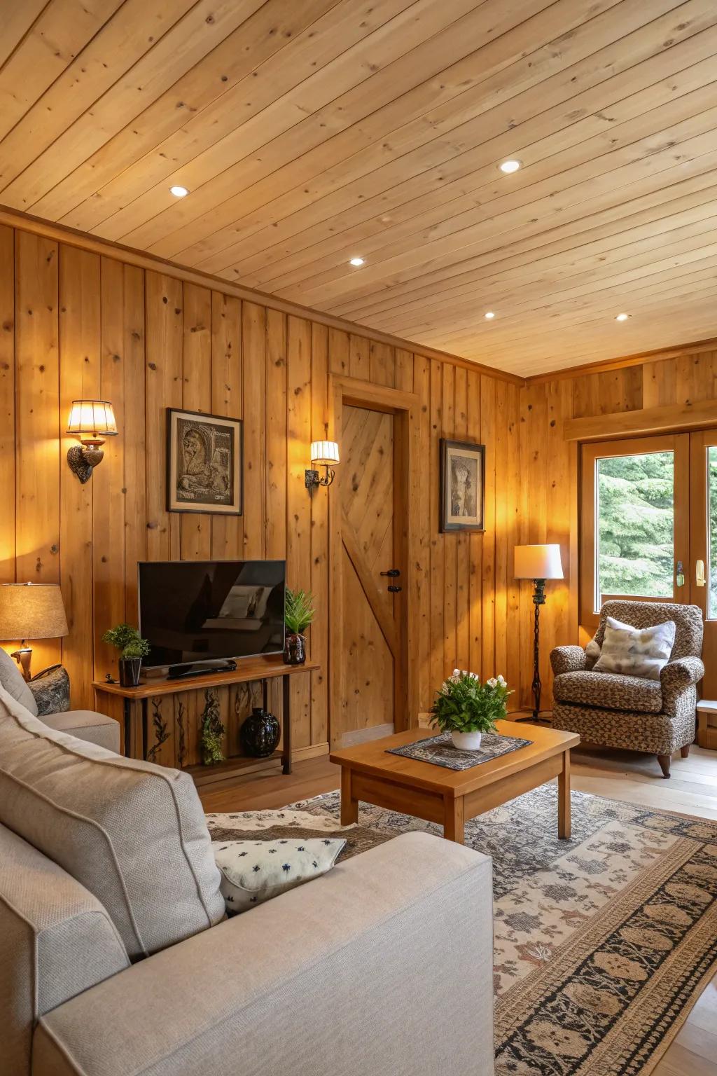 Wooden panels radiate a cozy atmosphere and distinctive appeal throughout the space.
