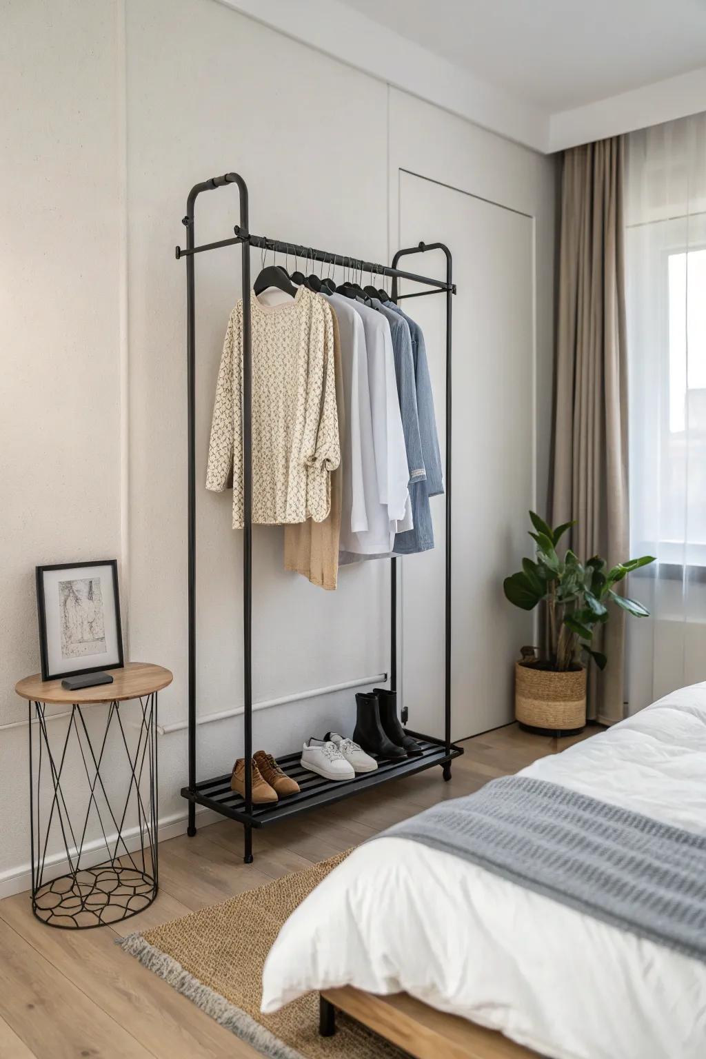 A minimalist-inspired bedroom showcasing a streamlined wall-mounted clothing rack.