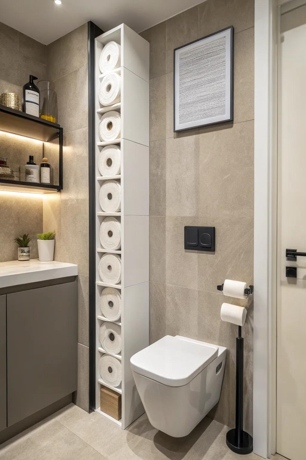 Enhance your bathroom's design through the use of vertical toilet paper storage.