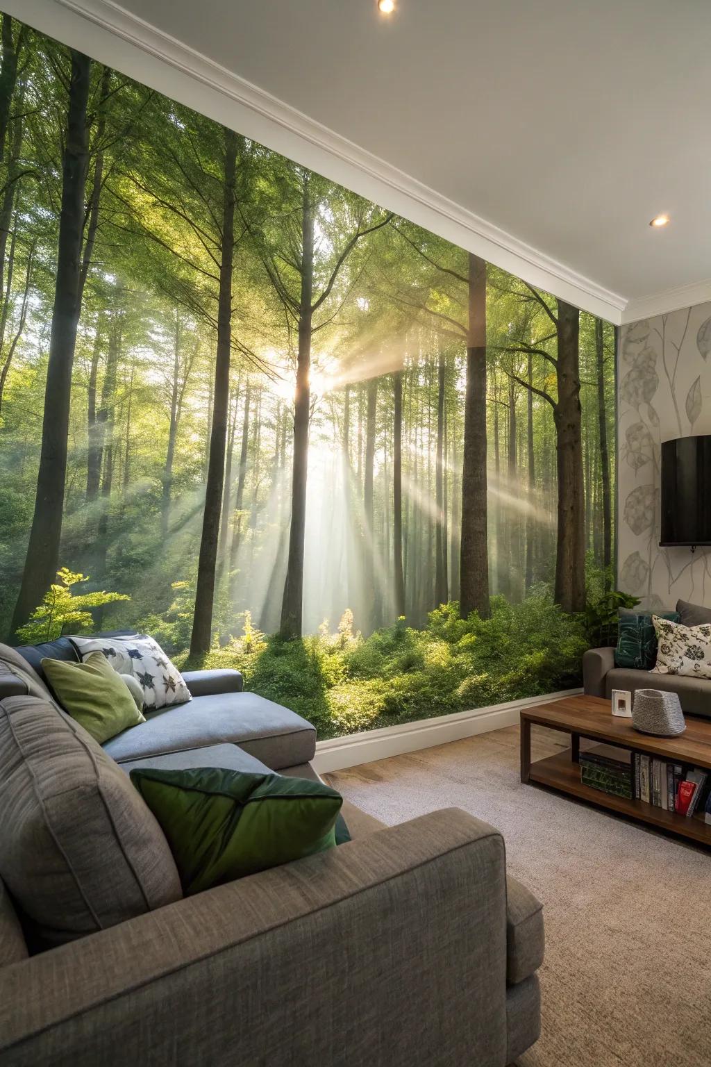 Experience the peace of the forest with this abundant wall mural.