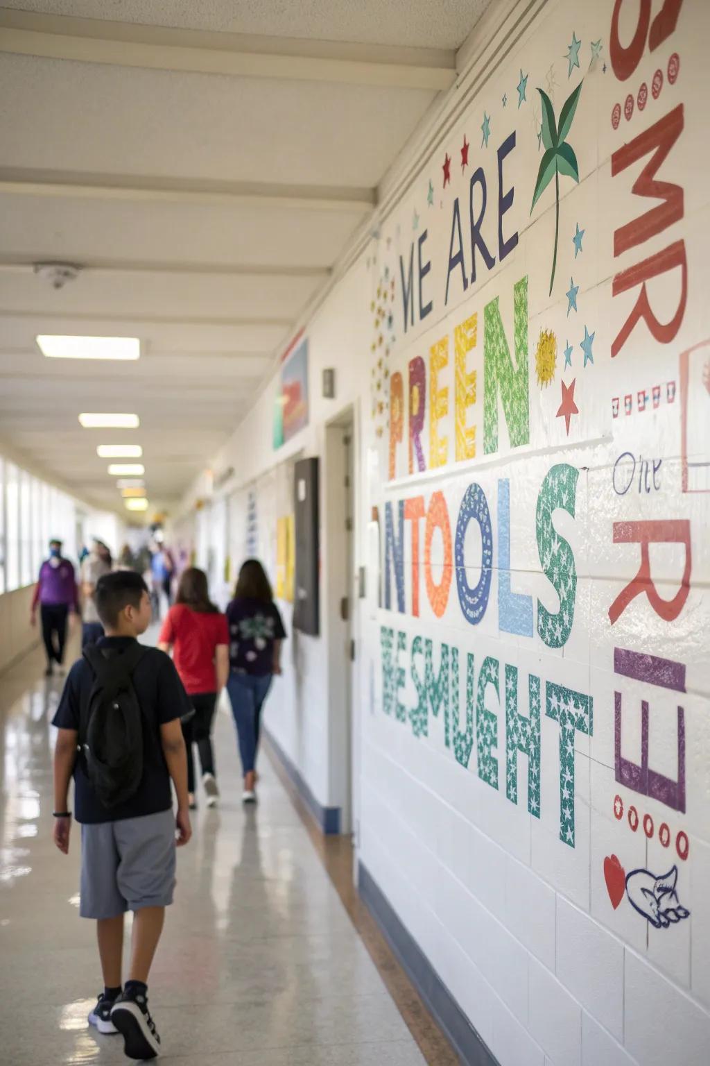An affirmation-filled wall inspires students as they pass by.