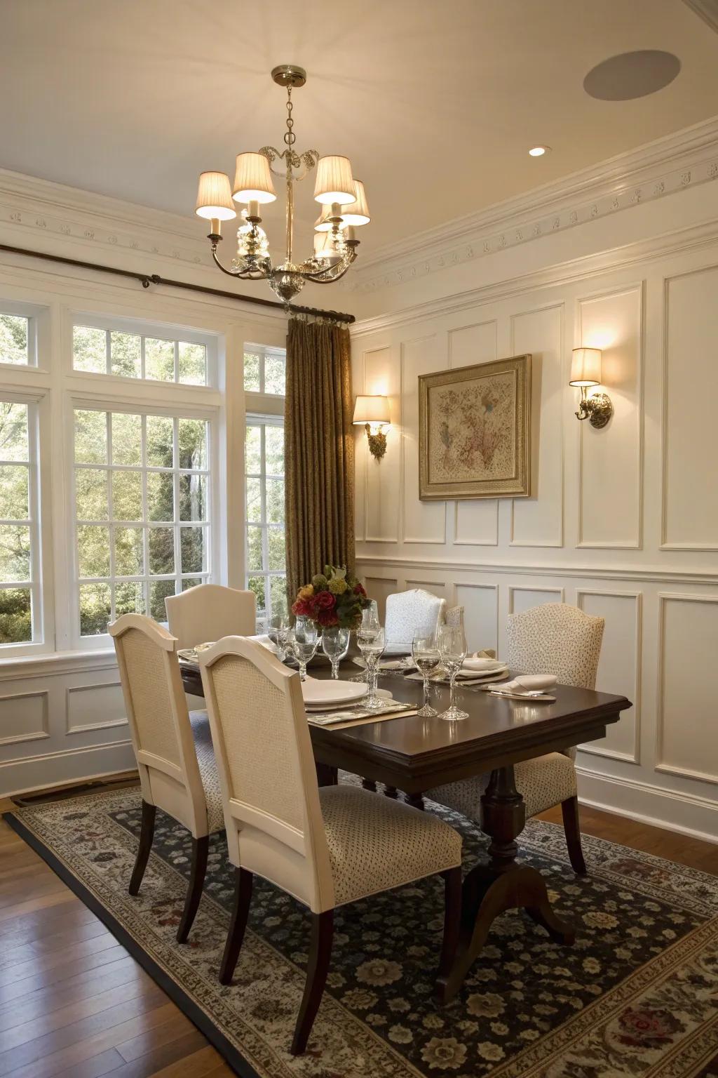 Sophisticated wainscoting lends an air of grace to this dining space.