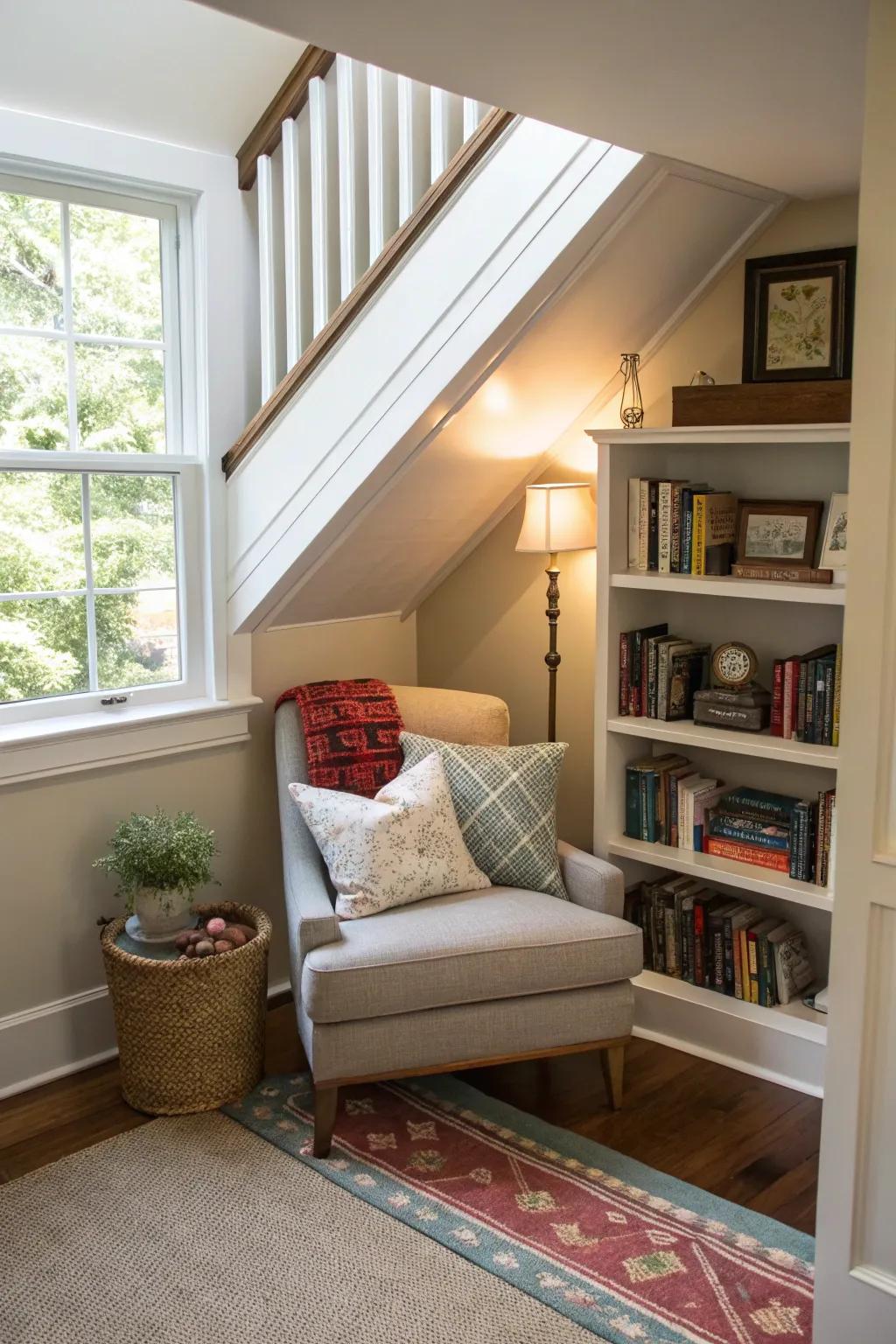 A snug reading nook beneath the stairs provides an ideal getaway.