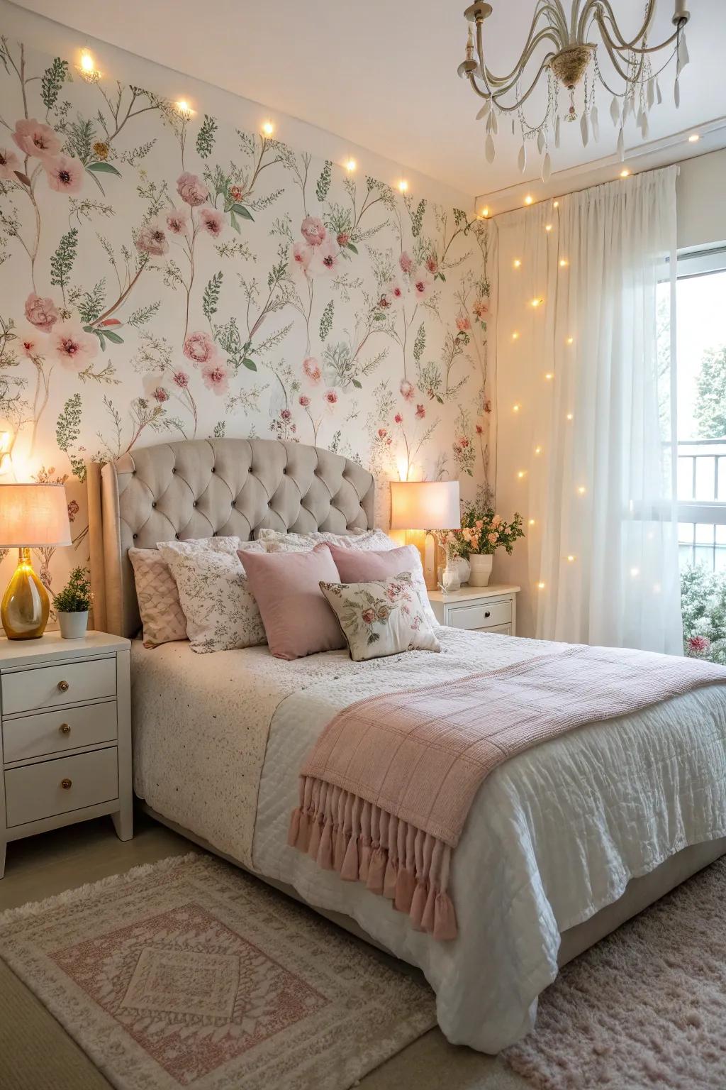 Floral wallpaper fashions a tranquil and sophisticated bedroom sanctuary.
