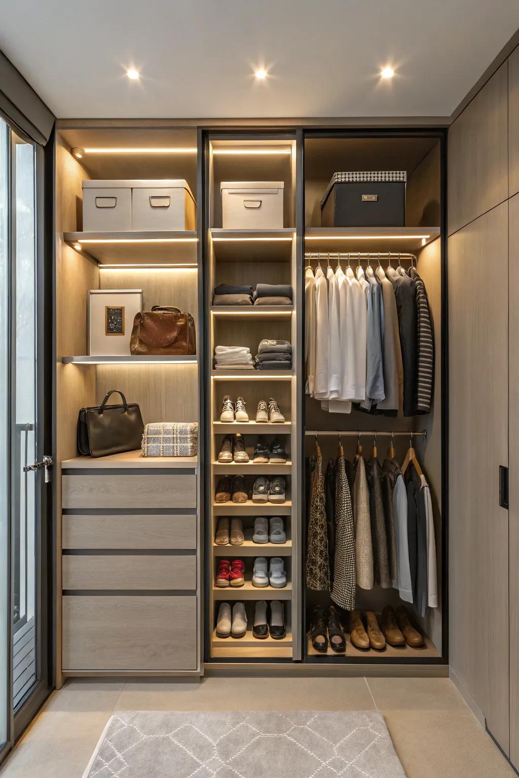 Versatile movable shelves create a dynamic wardrobe interior.