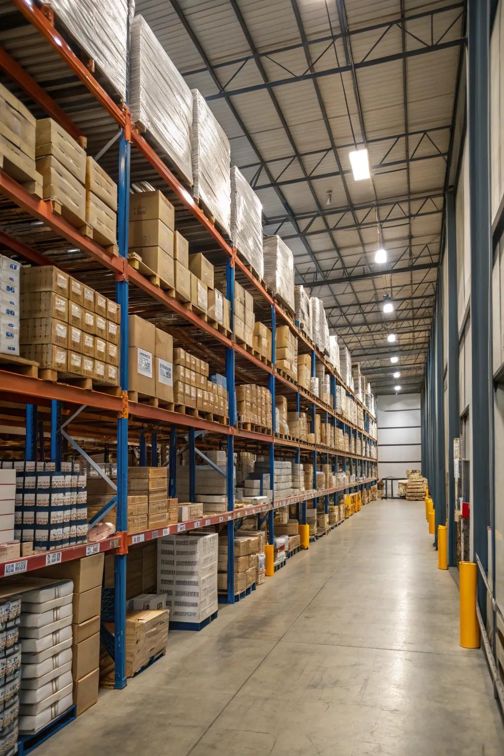 Tall shelving units maximize vertical space in a warehouse.