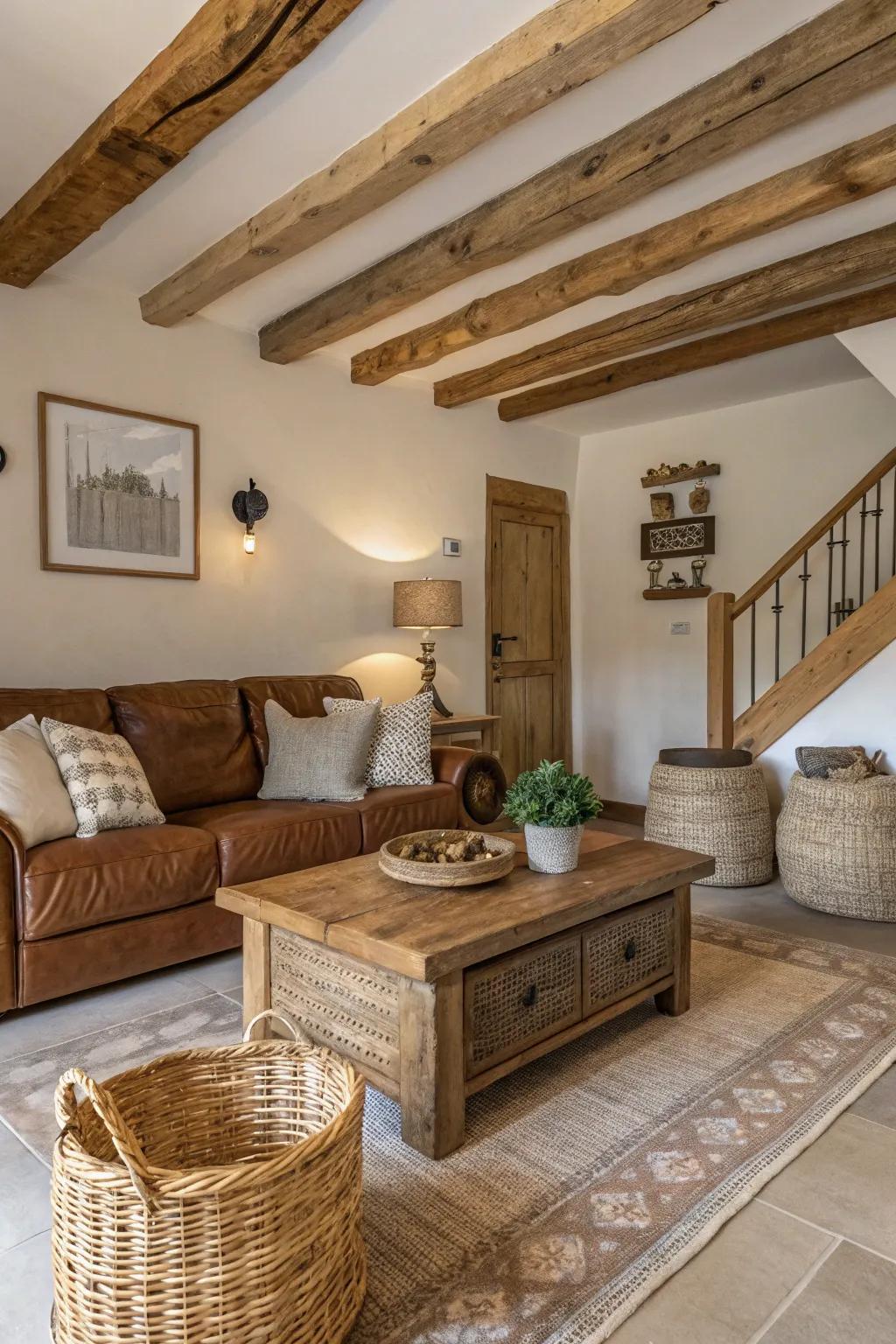 Exposed wood beams infuse a contemporary space with country charm.