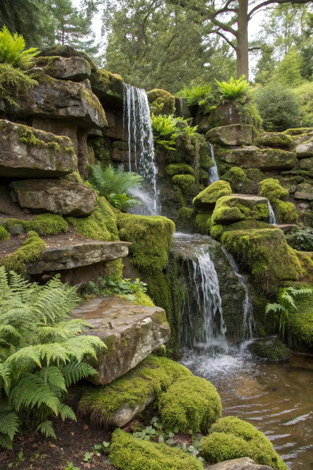 A layered rock cascade provides a calming sound environment within the garden.