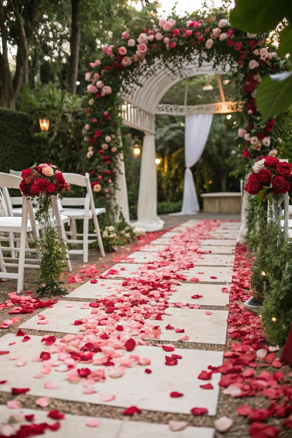 A dreamy aisle embellished with radiant rose petals, setting the stage for a captivating walk.