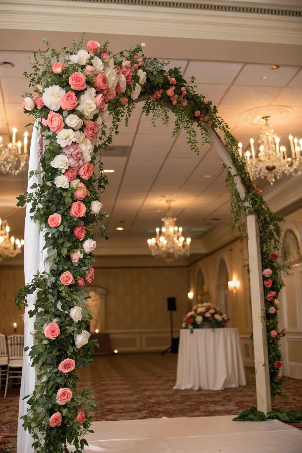 An abundant display of flowers with cascading blossoms adorns an indoor wedding arch.