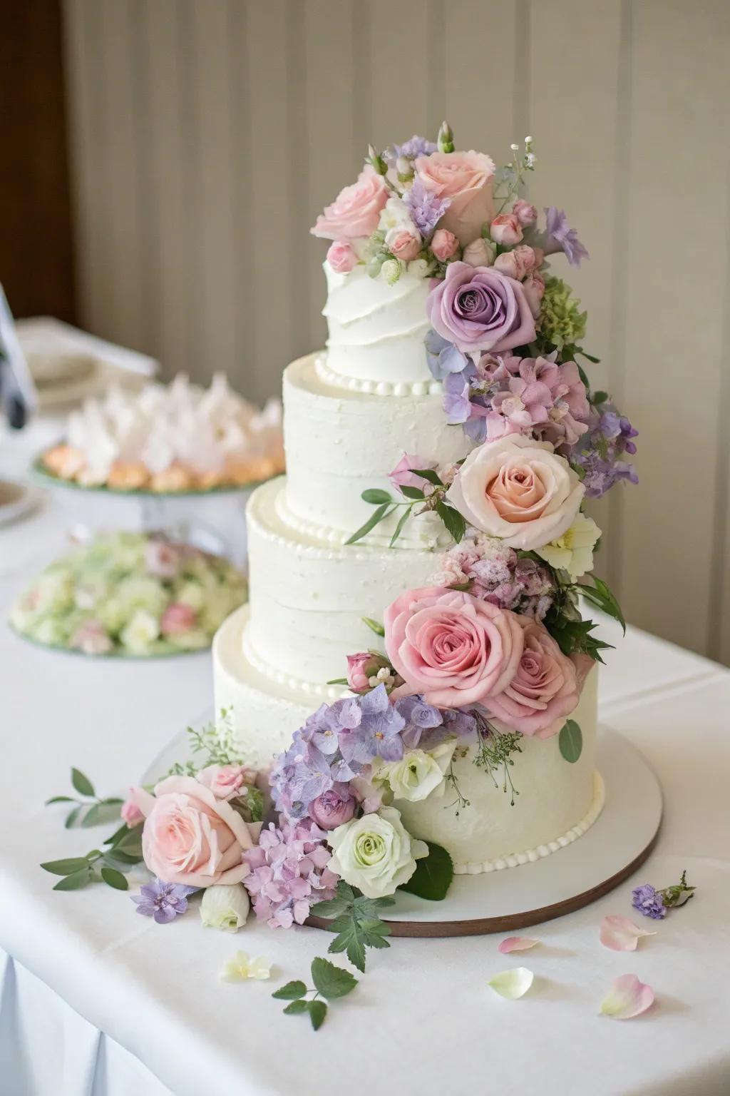 A wedding cake adorned with cascading fresh flowers, radiating timeless beauty.