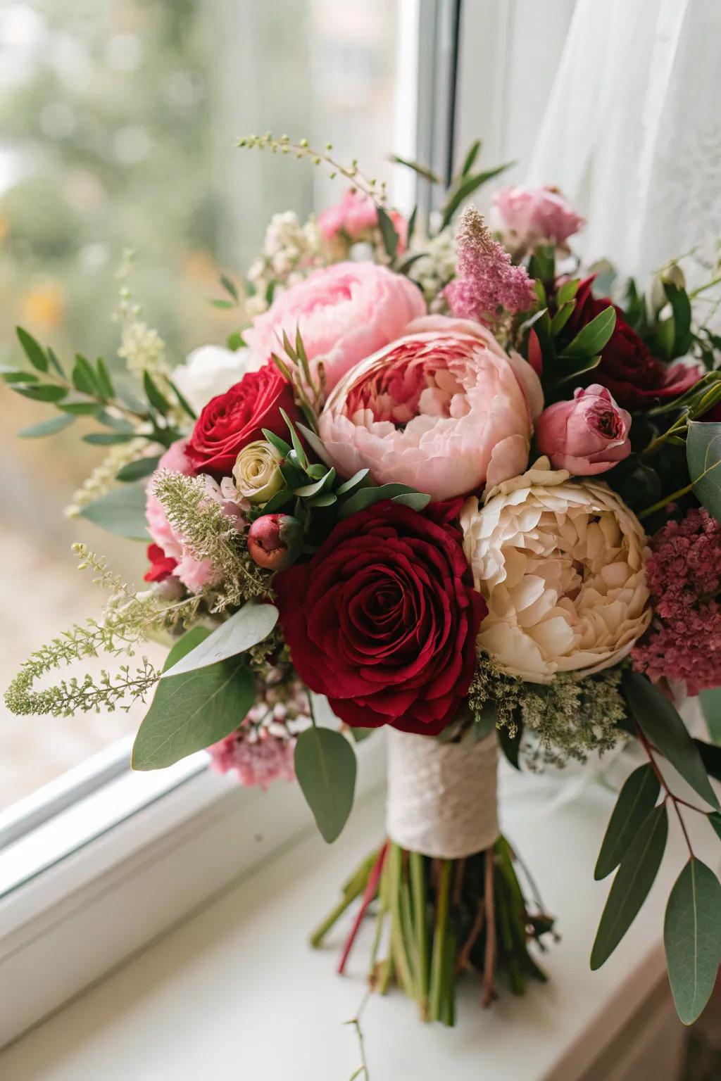 A detailed portrait of a wedding bouquet spotlighting roses, peonies, and exuberant greenery.
