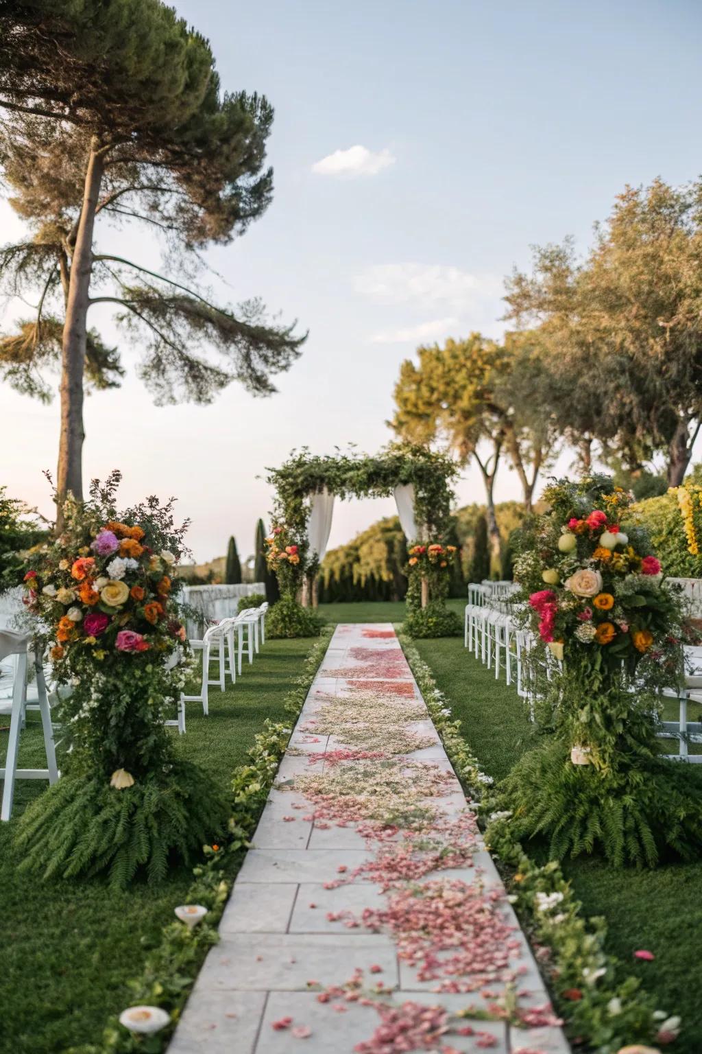 An aisle styled like a garden, embellished with rich greenery and flowers