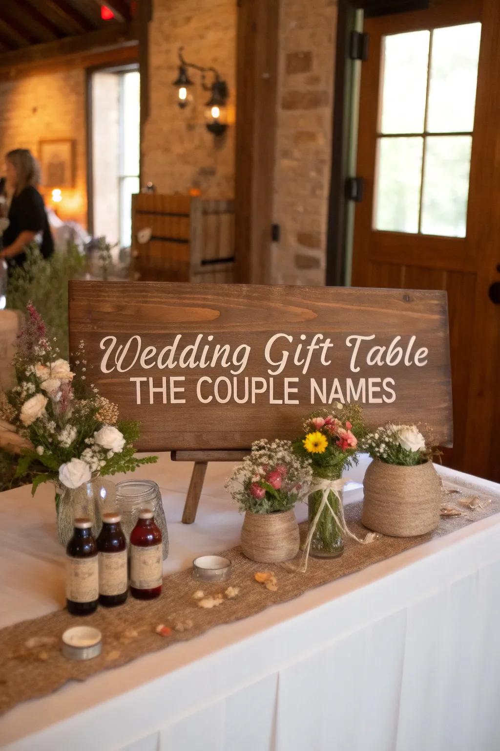 A personalized wooden marker for the gift presentation.