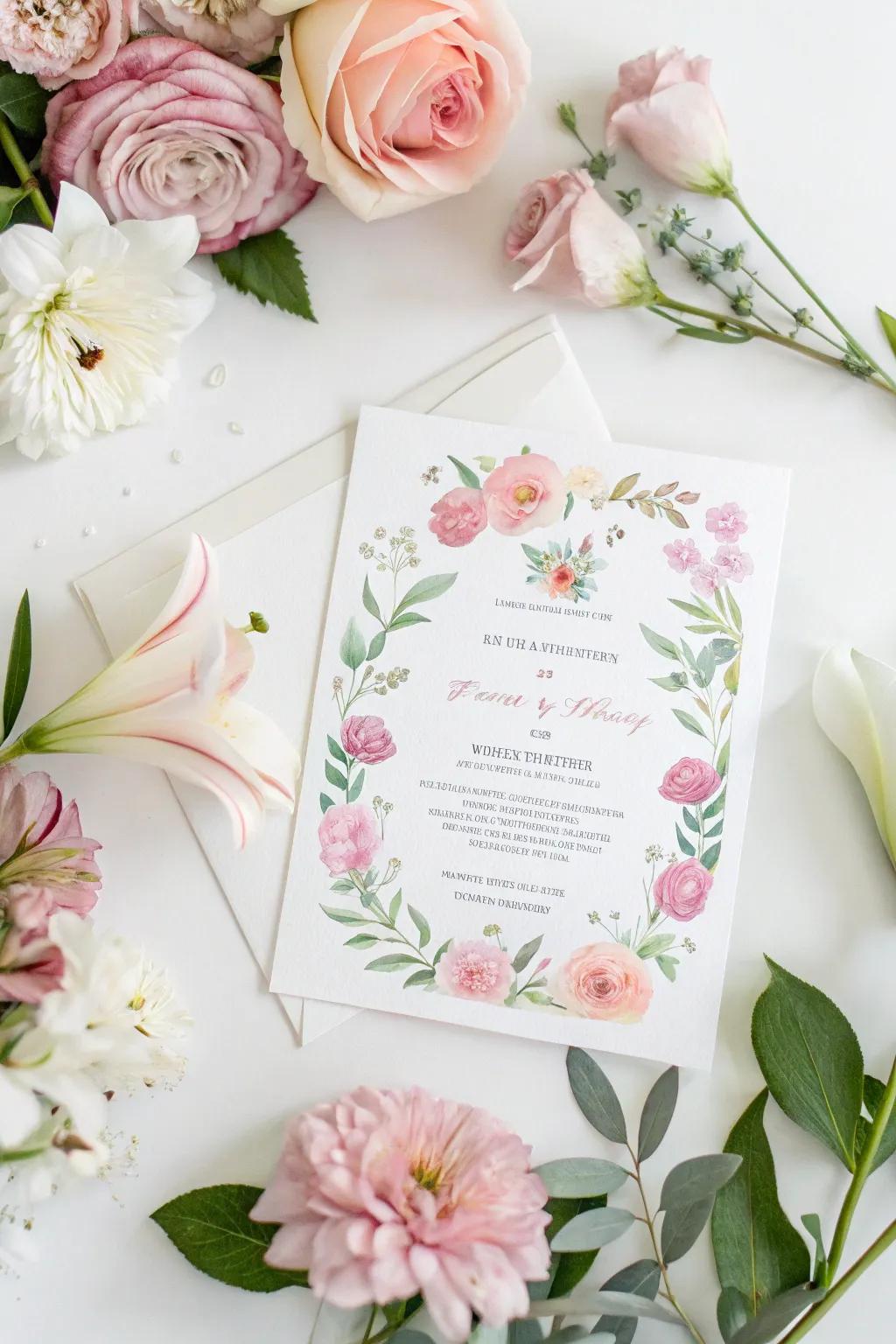 Watercolor floral wedding invitation with a gentle, romantic essence.