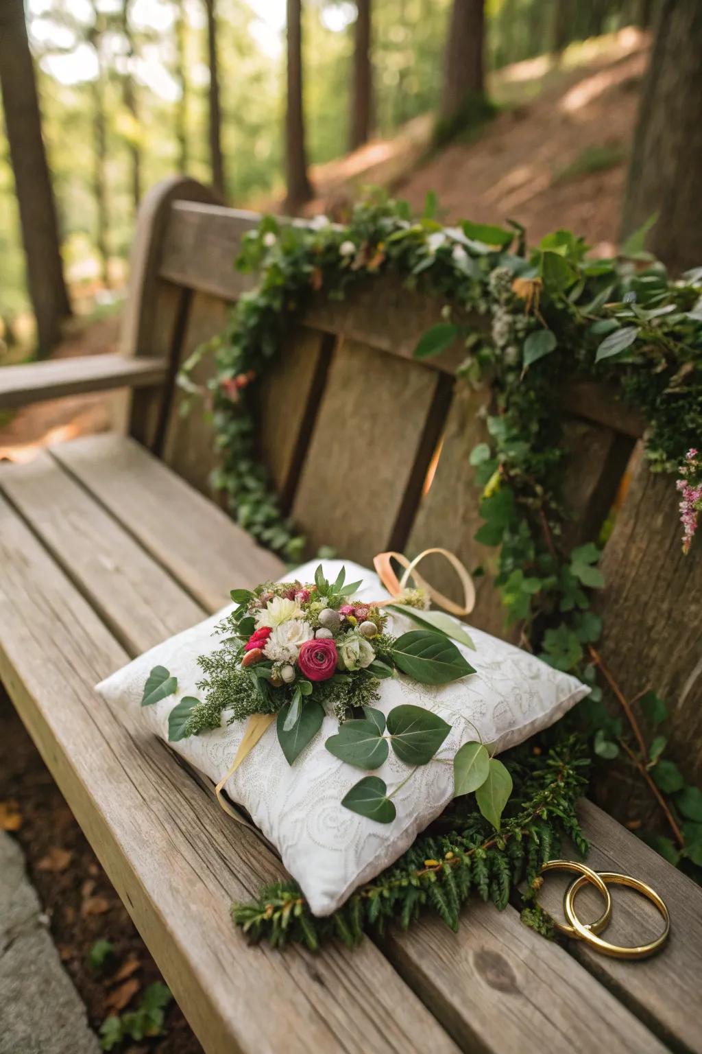 A wedding ring pillow adorned with lush greenery and delicate flowers.