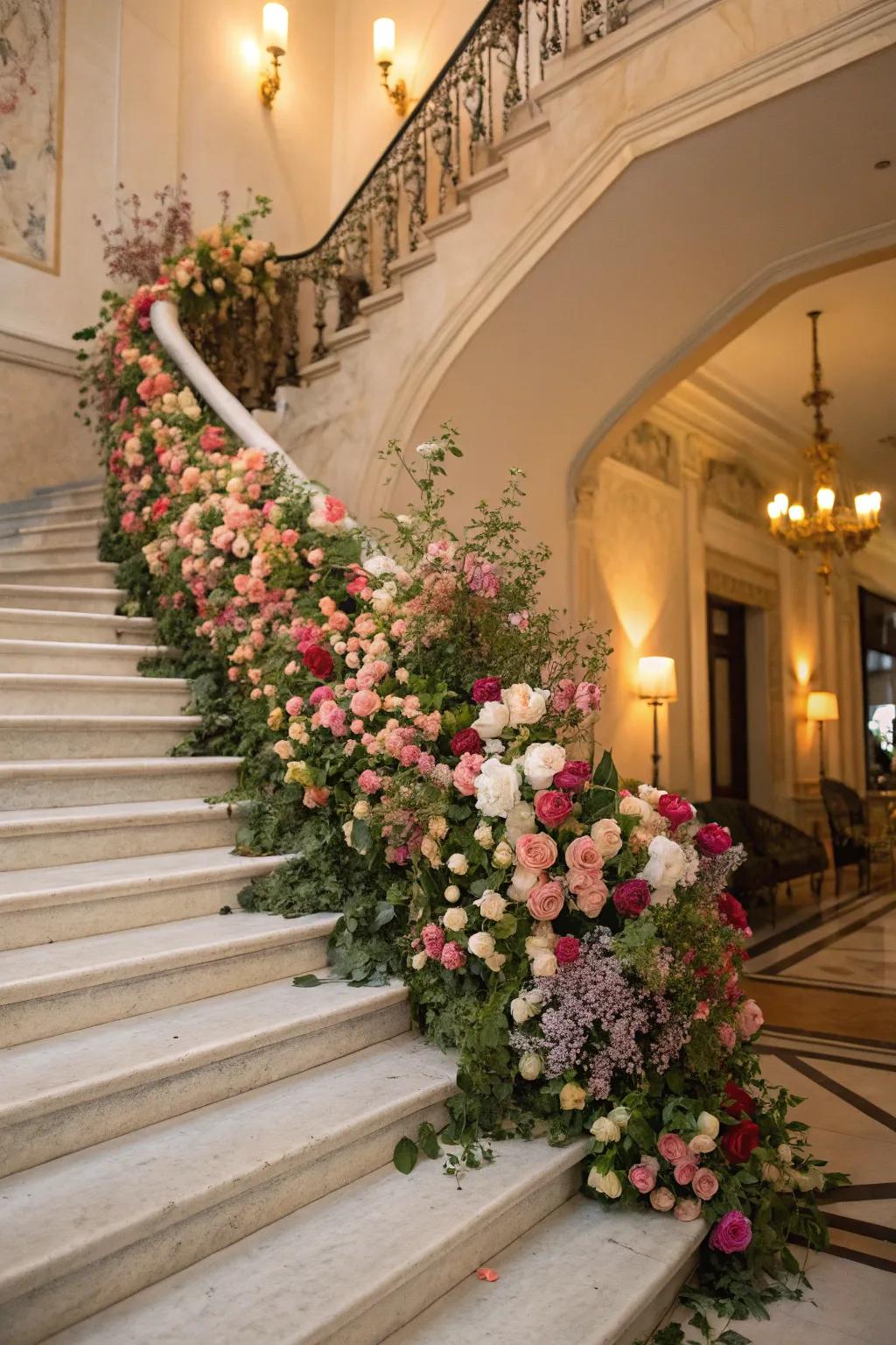 A stairway is magically transformed into a floral paradise with blooms that capture the season.