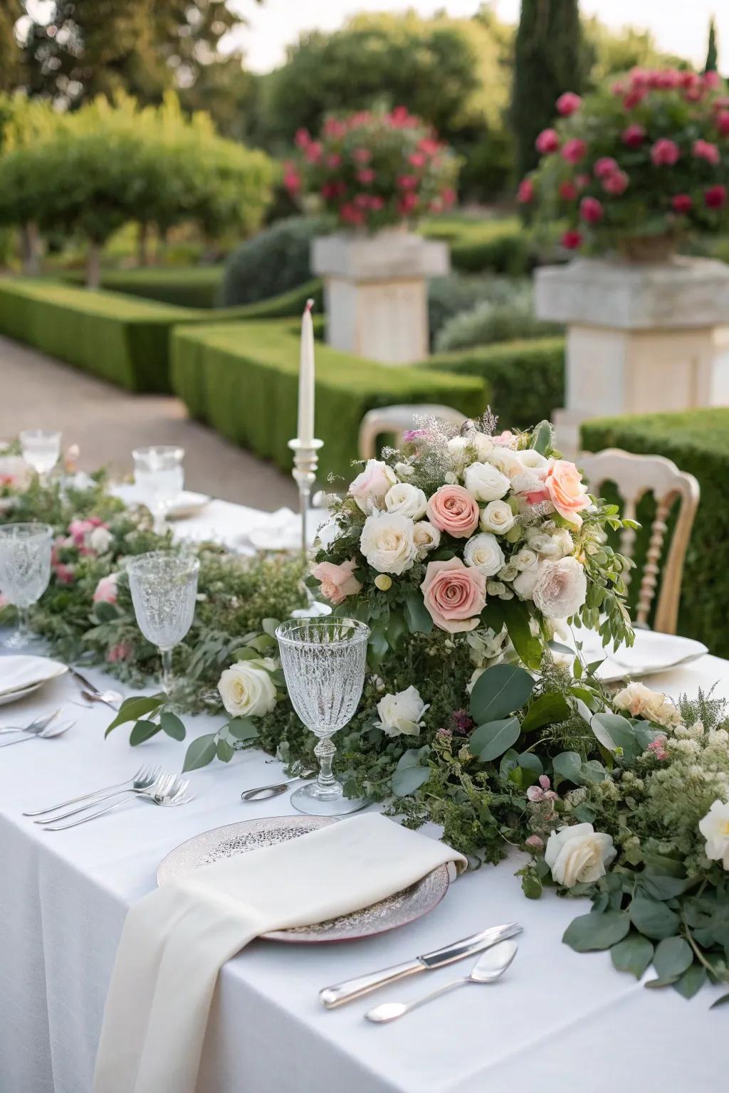 Luxuriant floral displays featuring roses and greenery for a romantic ambiance.