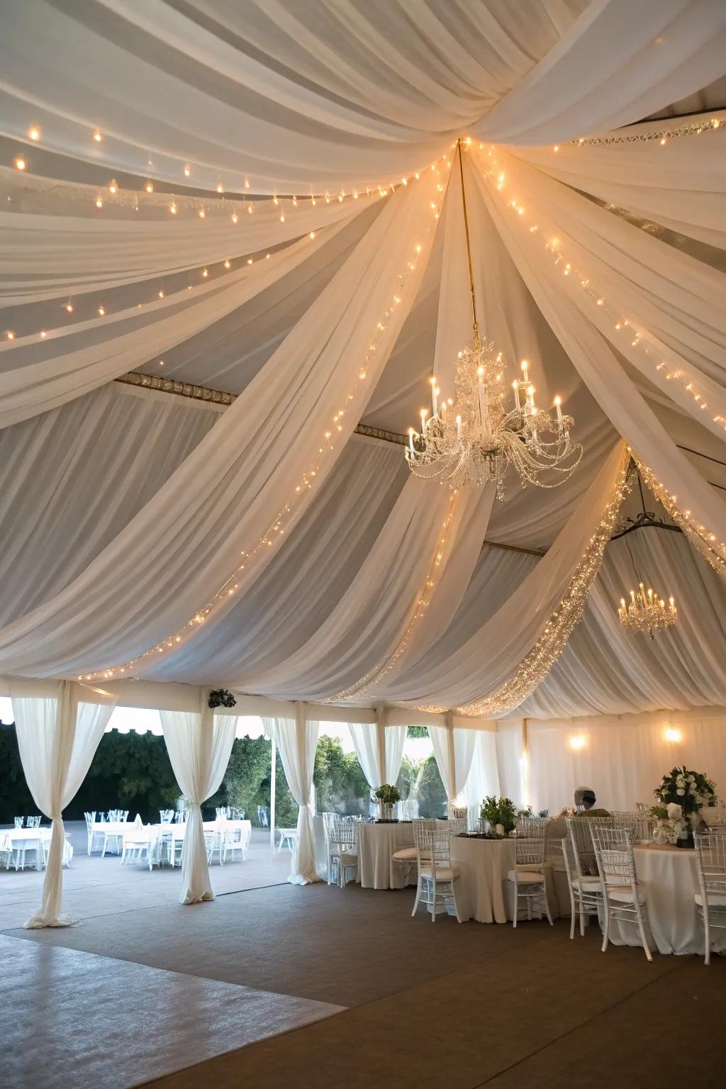 Chic draped fabrics mold the tent into a sanctuary of romance.