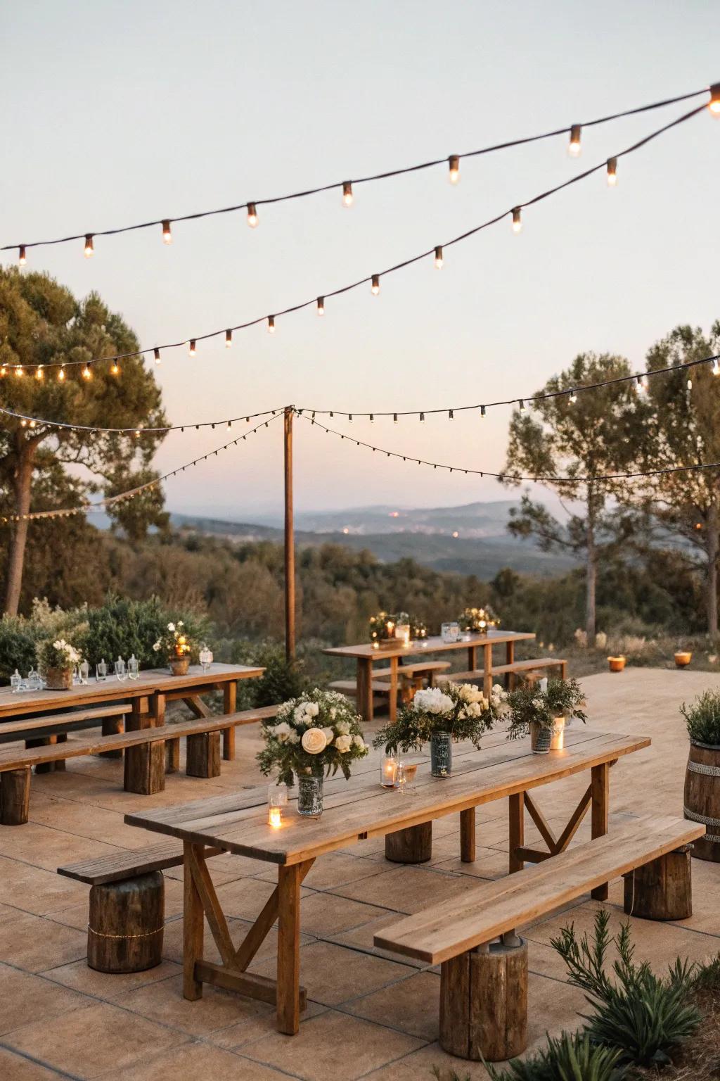 A countryside wedding theme accentuated by natural wood and gentle illumination.