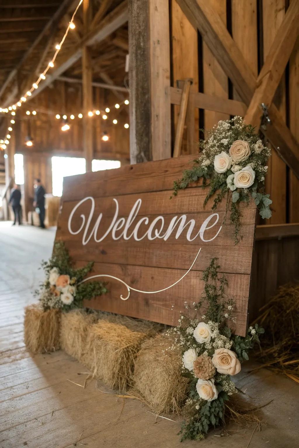 A rustic wooden welcome sign with elegant calligraphy, ideal for a barn wedding.