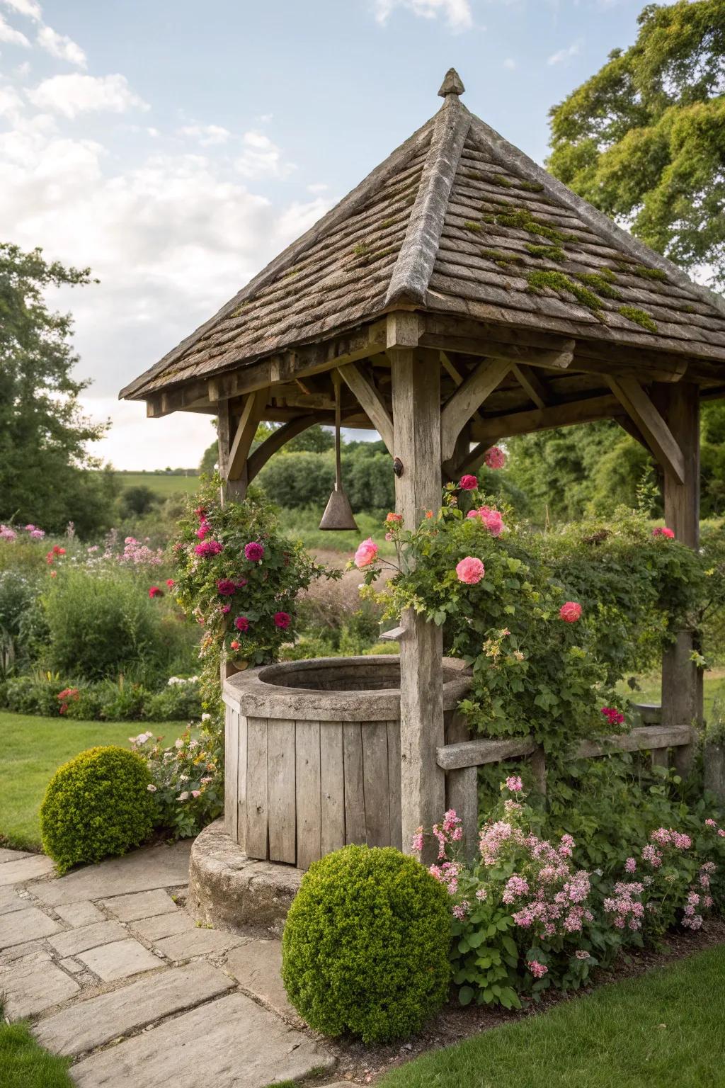 A rustic wooden retreat infuses a touch of charm and sophistication into this garden well cover.