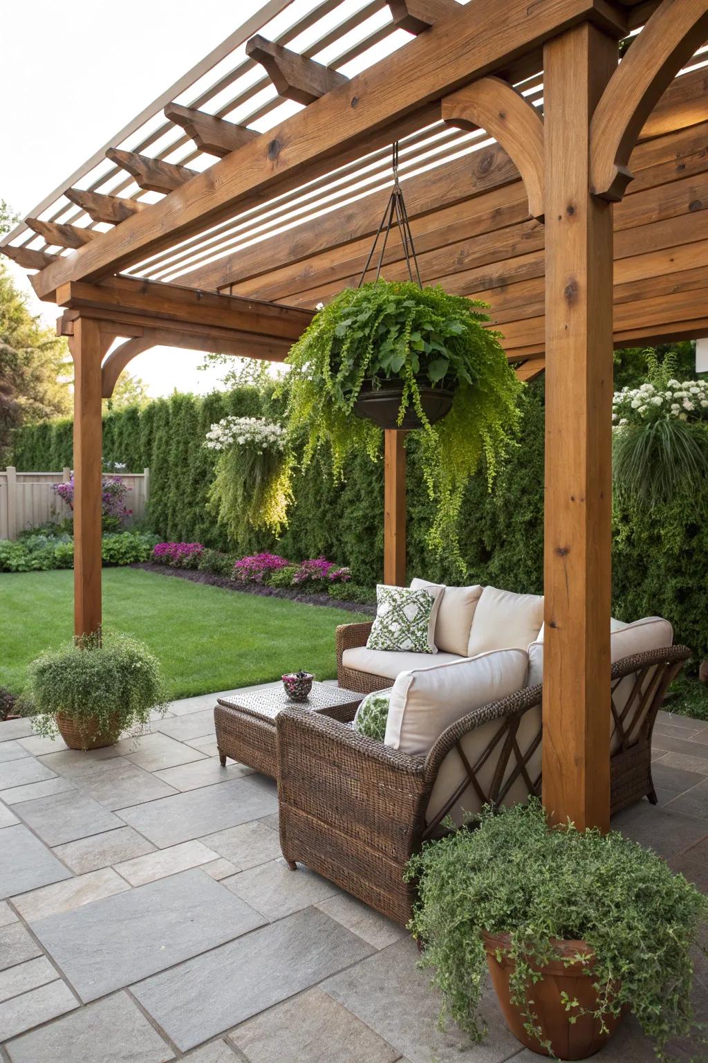 A wooden structure offers shade and adds charm to a western-themed patio.
