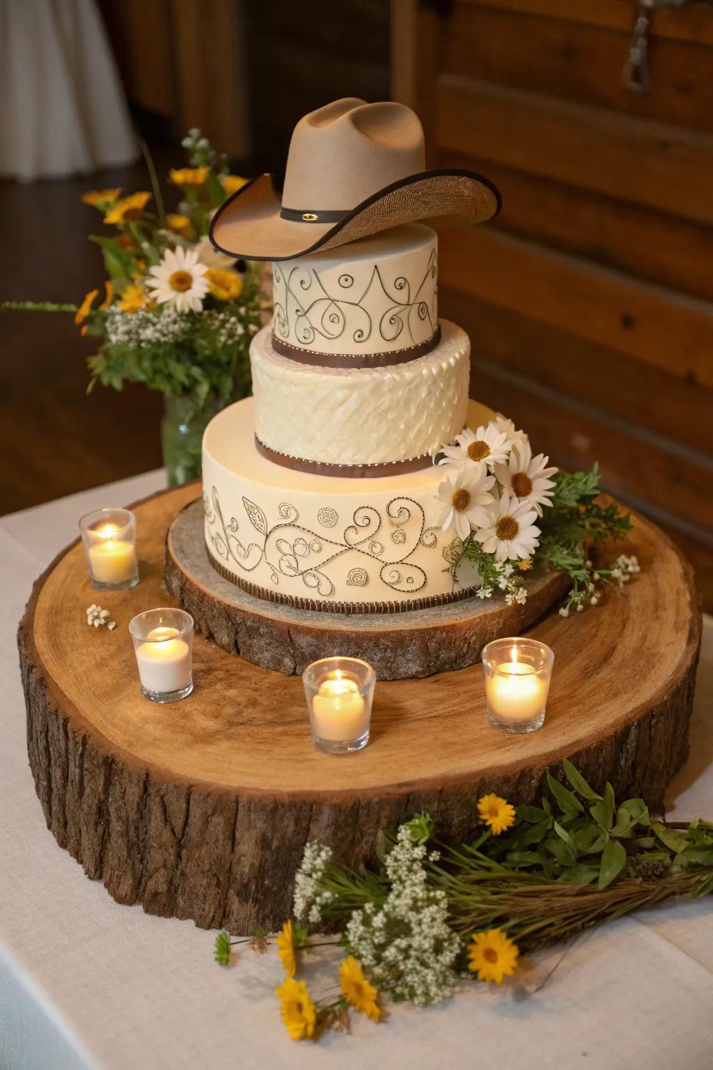 Western wedding cake elegantly displayed on a rustic wooden base.
