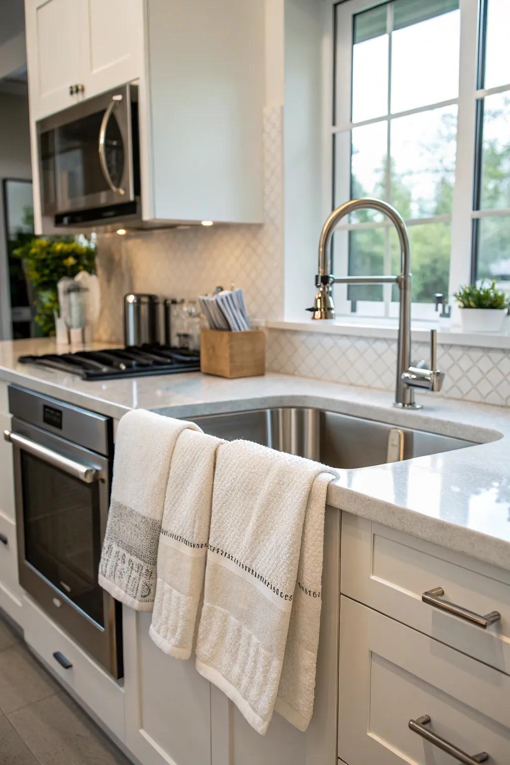Position your towels conveniently over the sink for effortless access during cooking.
