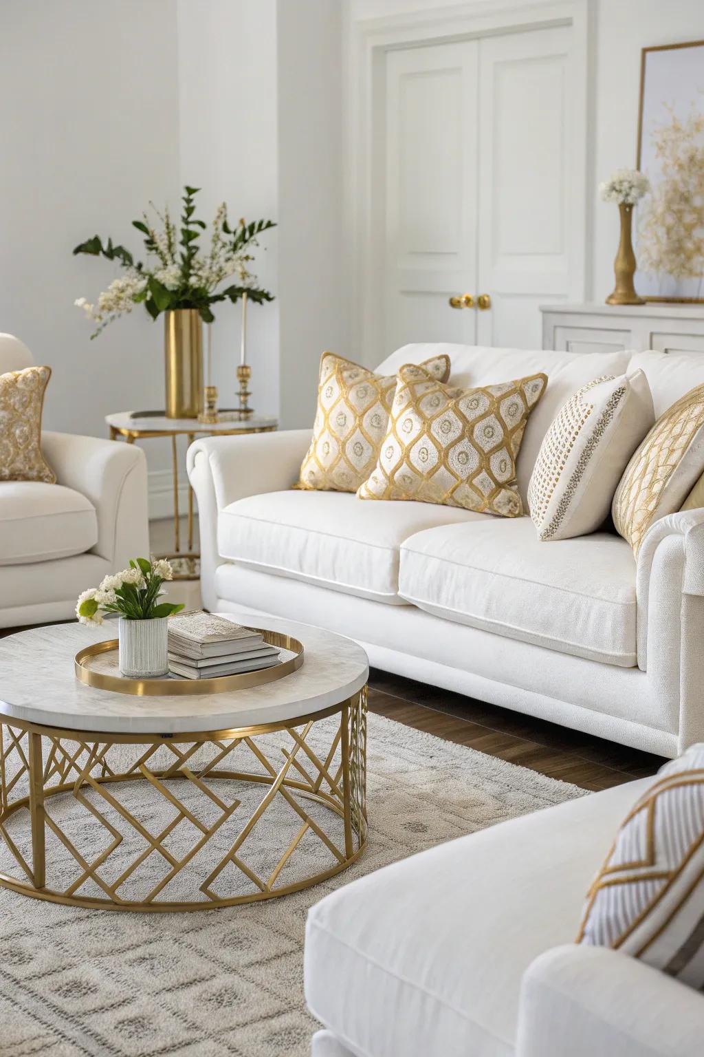 Ivory sofas, improved with gilded highlights, create a lavish atmosphere.