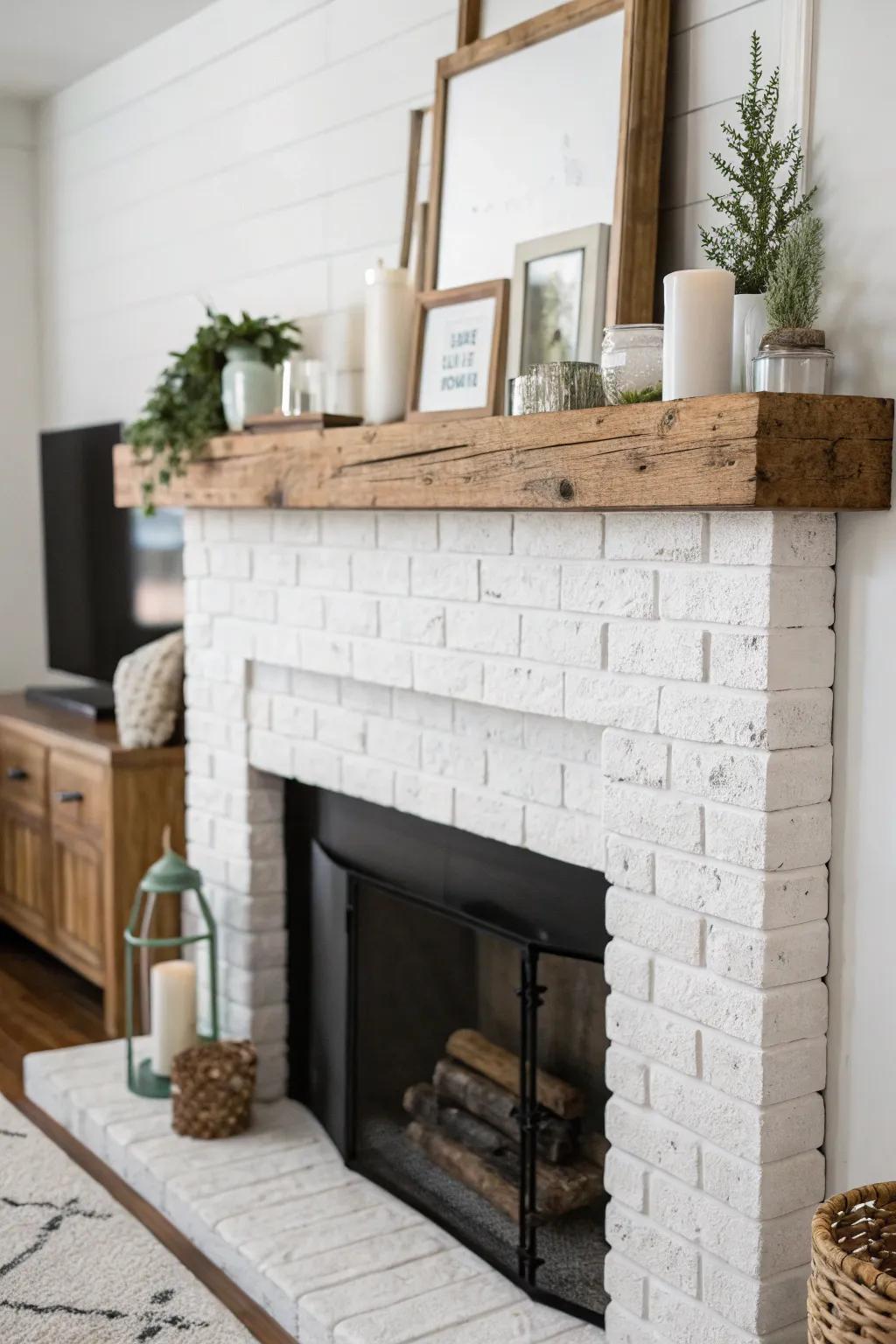 A country-style wooden mantel infuses warmth into the white brick canvas.