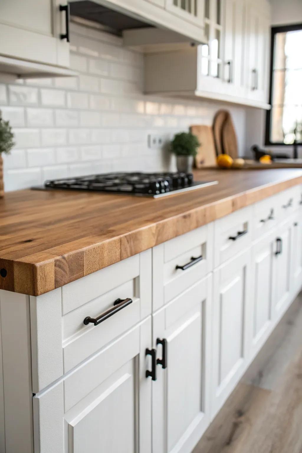 Dramatic contrast between brilliant ivory cabinets and a cozy timber countertop.