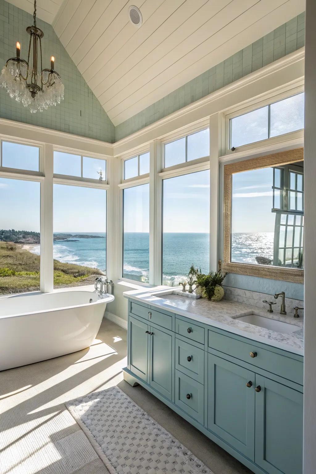 Abundant light flows into a coastal bathroom crafting an airy mood.