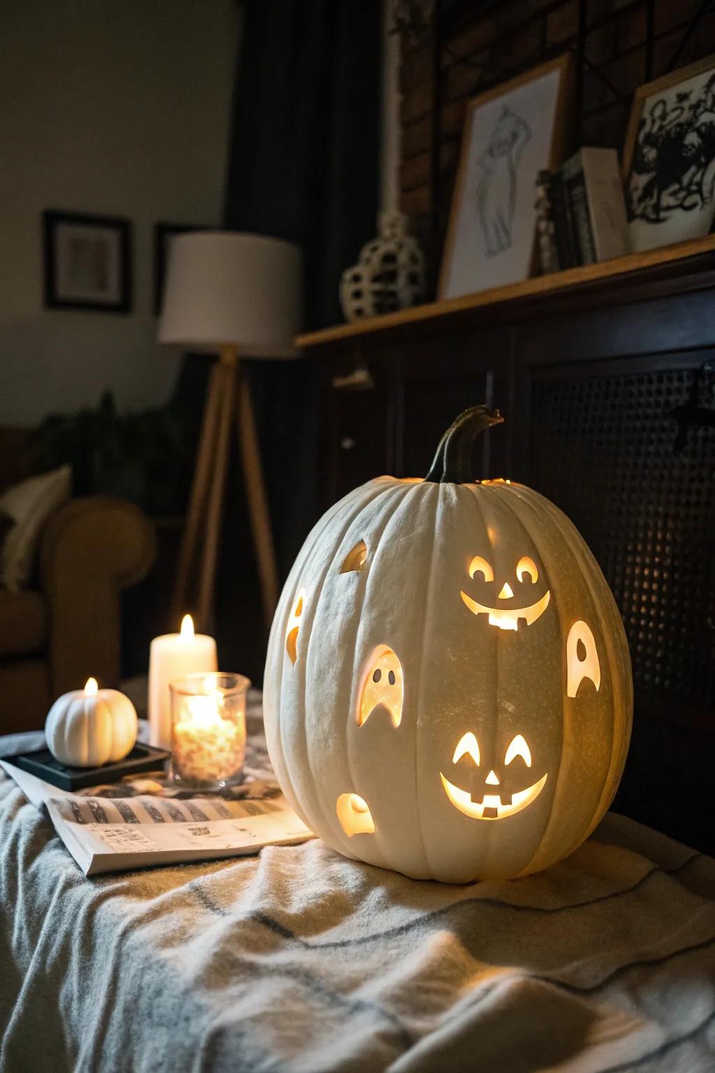 A ghostly face sculpted into a white pumpkin, setting the mood for a spooky night.