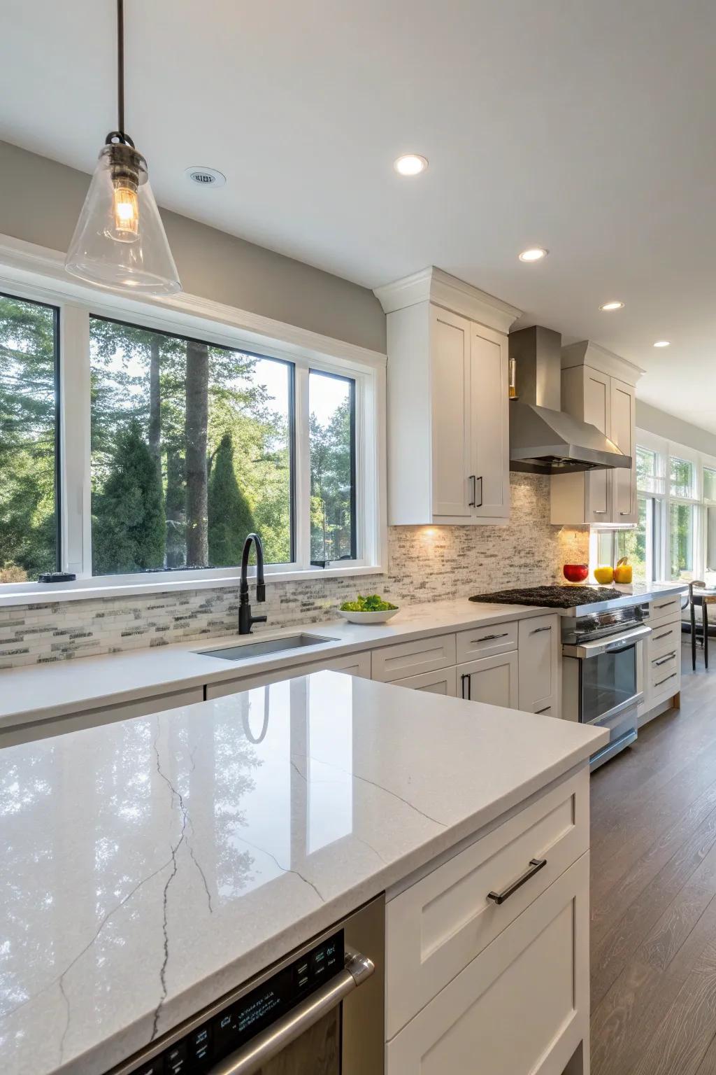 A full-height stone composite backsplash creates an uninterrupted and refined kitchen visual.