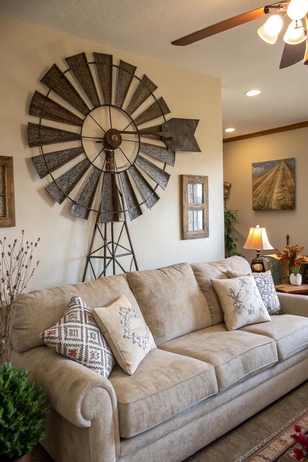 A bold turbine piece above the sofa creates a welcoming focal point.
