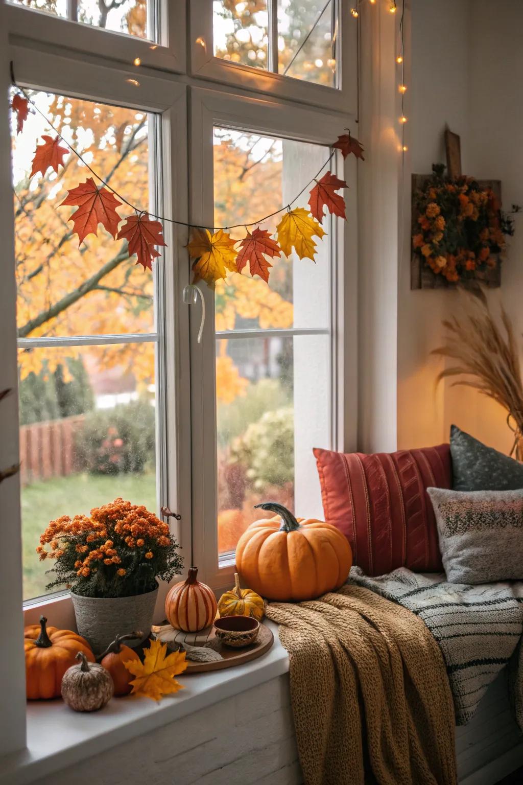 An autumn-inspired window display that welcomes the season's coziness inside.