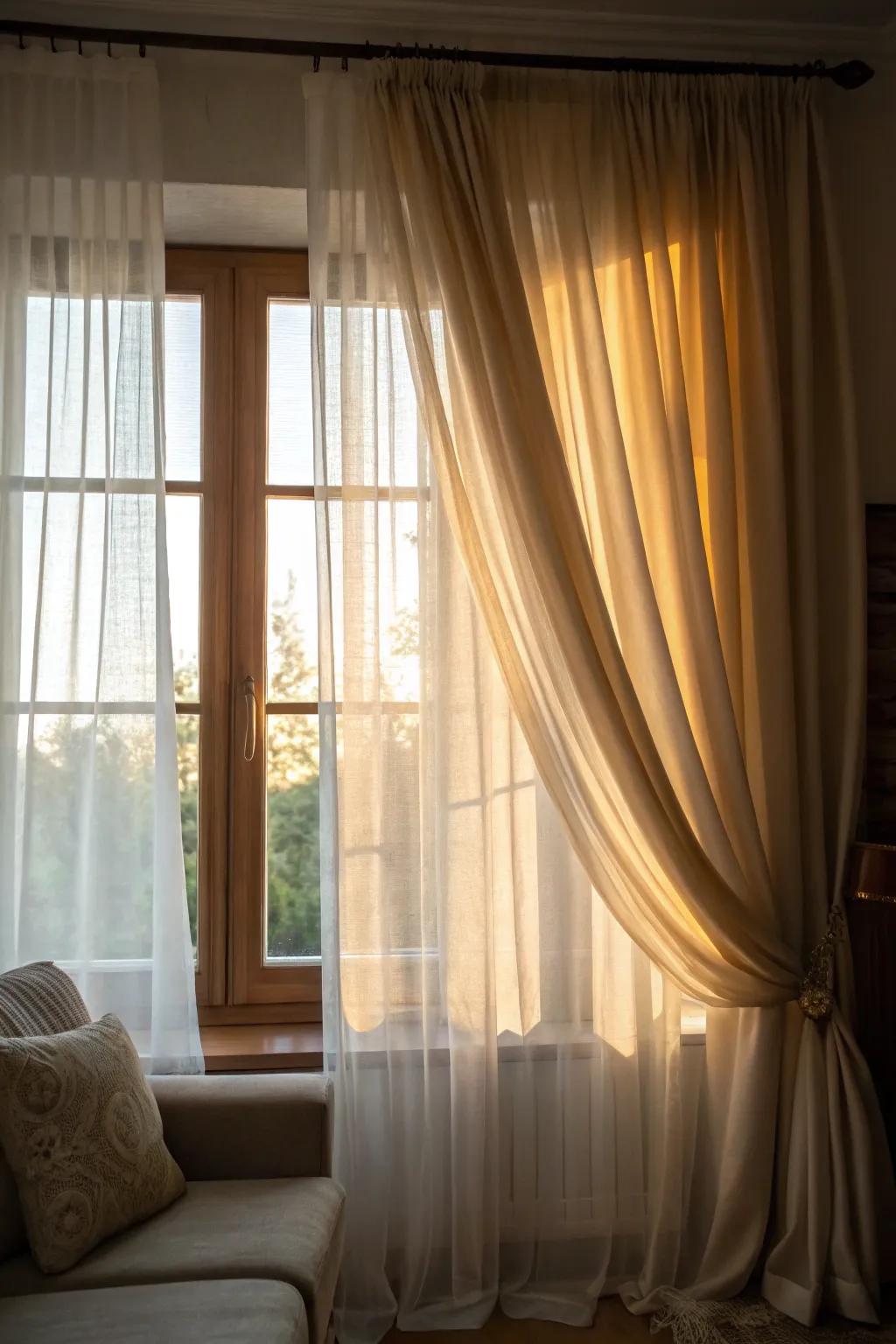 Layered drapes create depth and moderate light in this inviting living space.