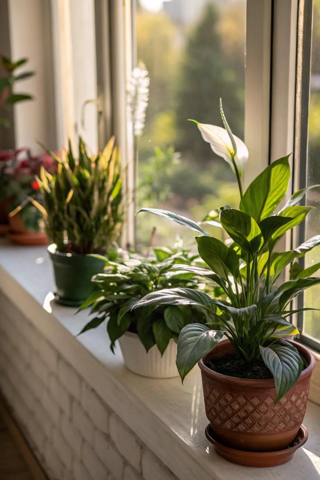 A windowsill changed into a small green space with desert gems and a peace lily.