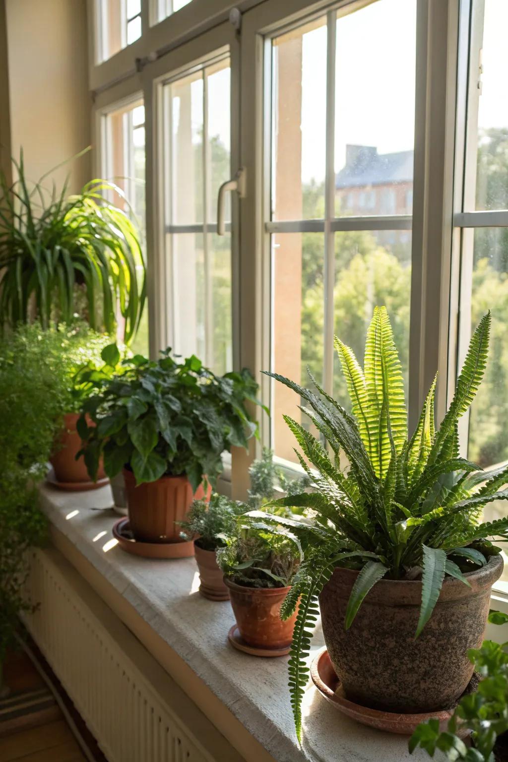 A lively assortment of potted plants breathes life into the windowsill.