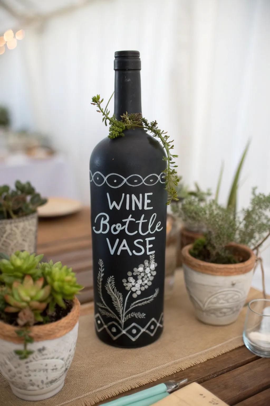 A chalkboard-painted wine bottle becomes a flexible, message-ready vase.