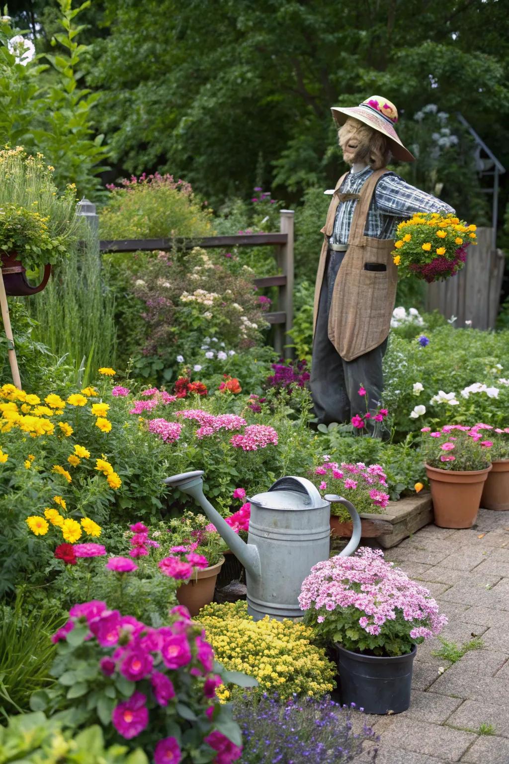 A scarecrow orchestrating a garden gala with flowers in their prime.