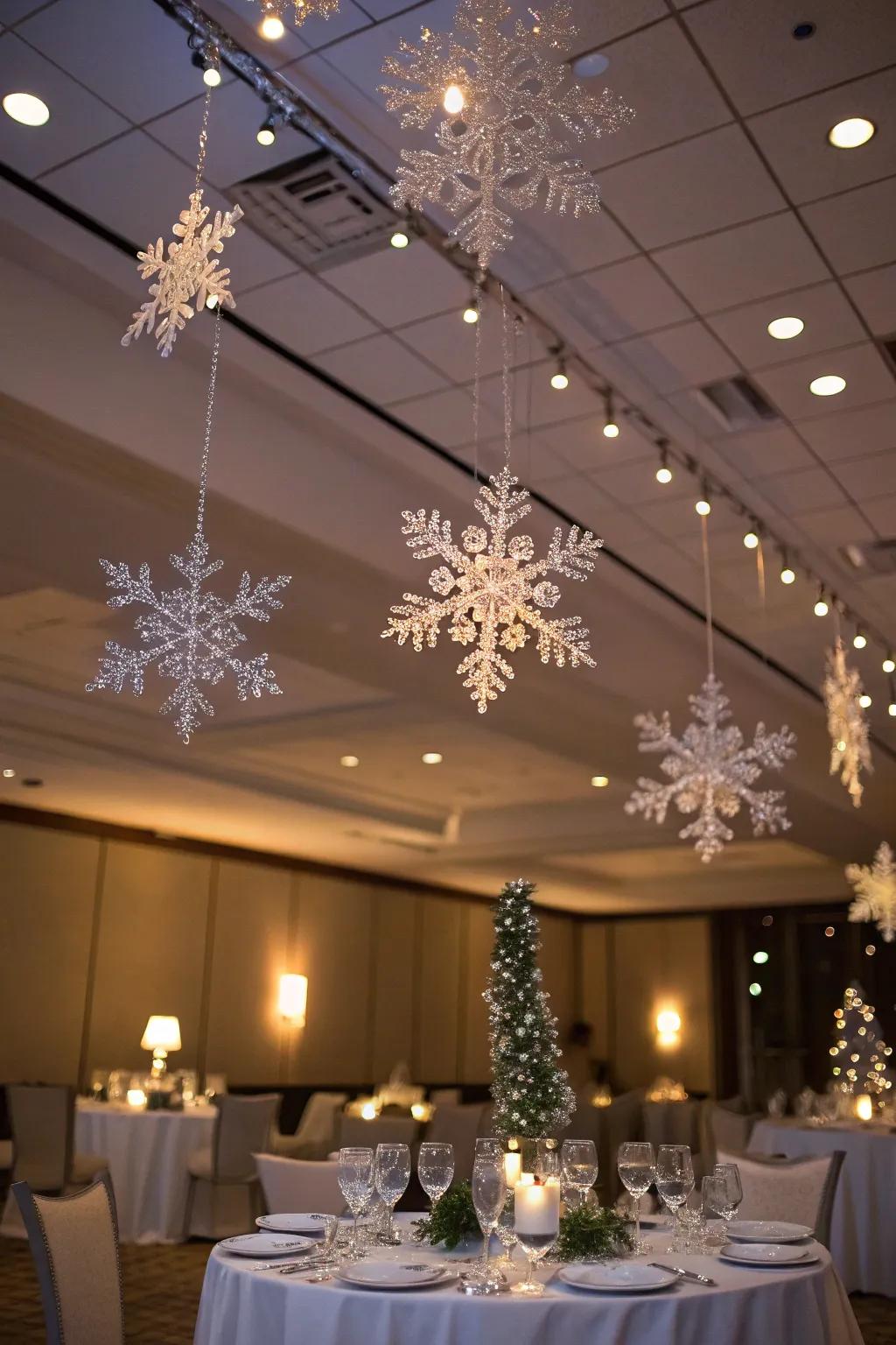 Crystal snowflakes contribute an elegant flair to any winter formal.