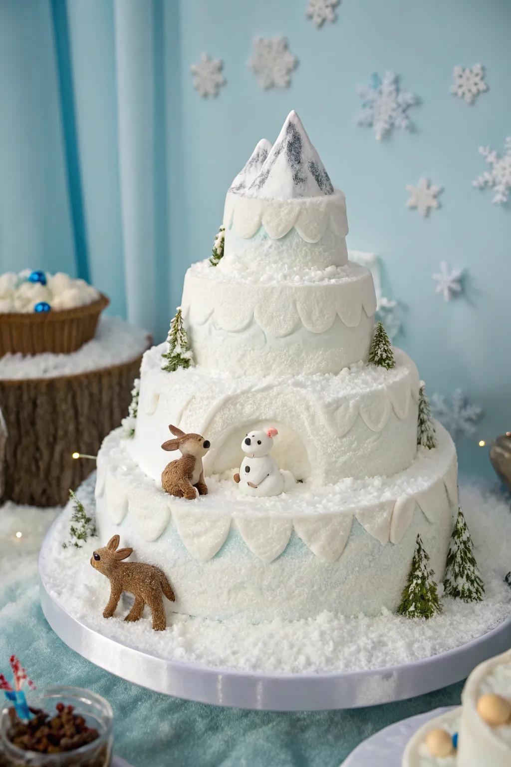A snowy mountain cake featuring cute baby animals, ideal for a winter wonderland theme.