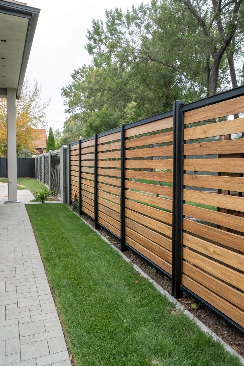 A modern minimalist fence featuring horizontal wood slats and resilient metal frames.