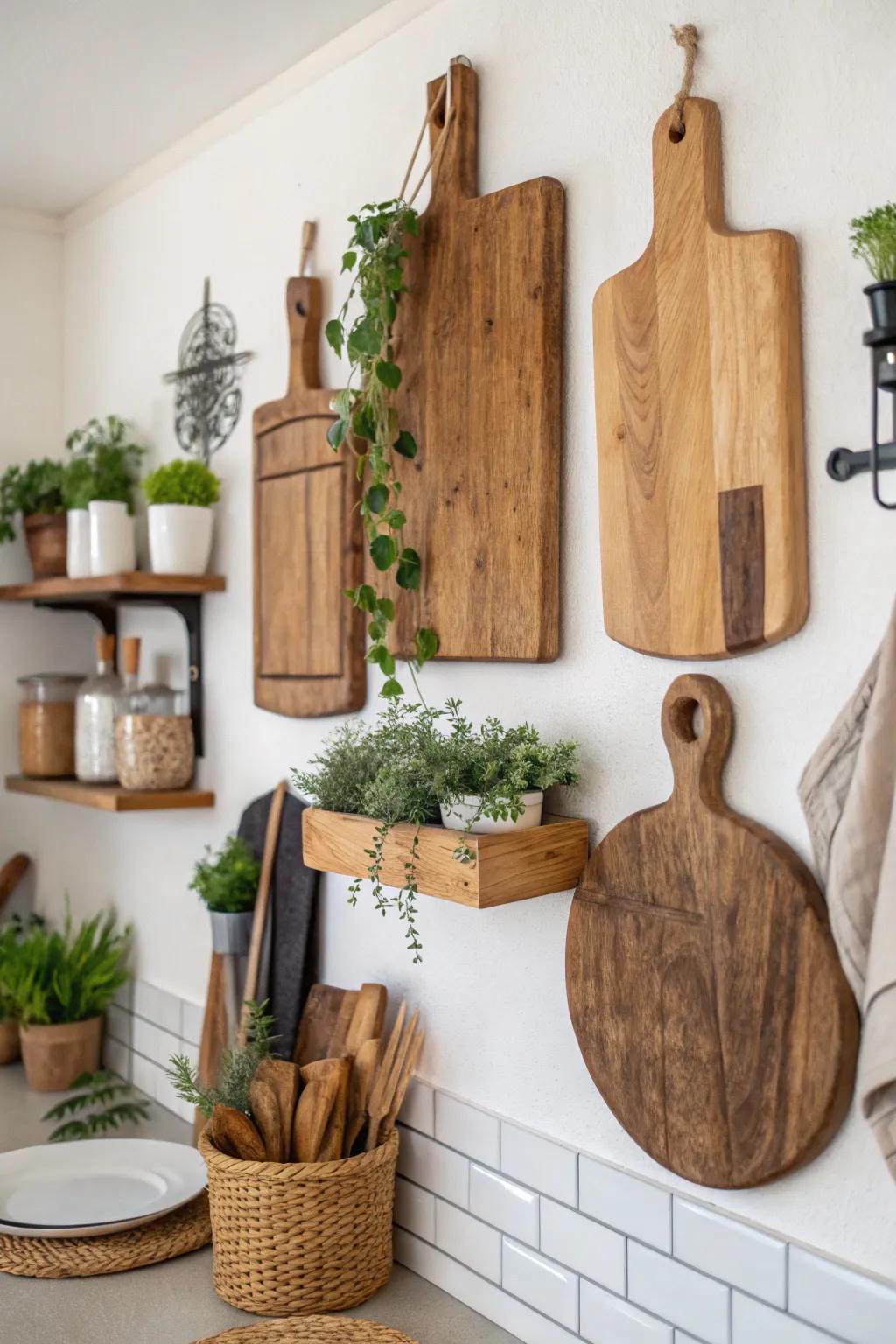 Design an impressive wall arrangement using wooden boards.