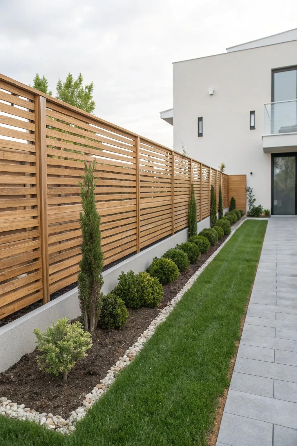 A horizontal slat barrier incorporates a modern element to any outdoor setting.