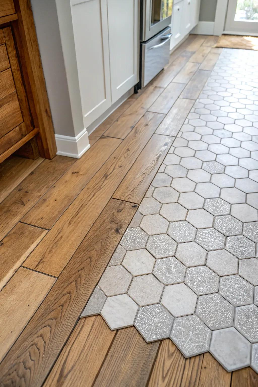 A kitchen scene where geometric tiles smoothly transition into timber decking planks.